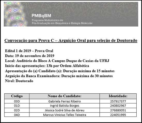 Edital 1 de 2019 PGBqBM Convocação para a Prova C Arguição Oral